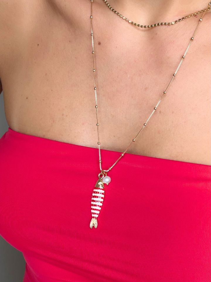 Colar Longo Peixe Listrado Ouro 18k