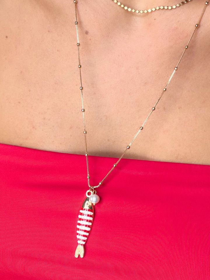 Colar Longo Peixe Listrado Ouro 18k